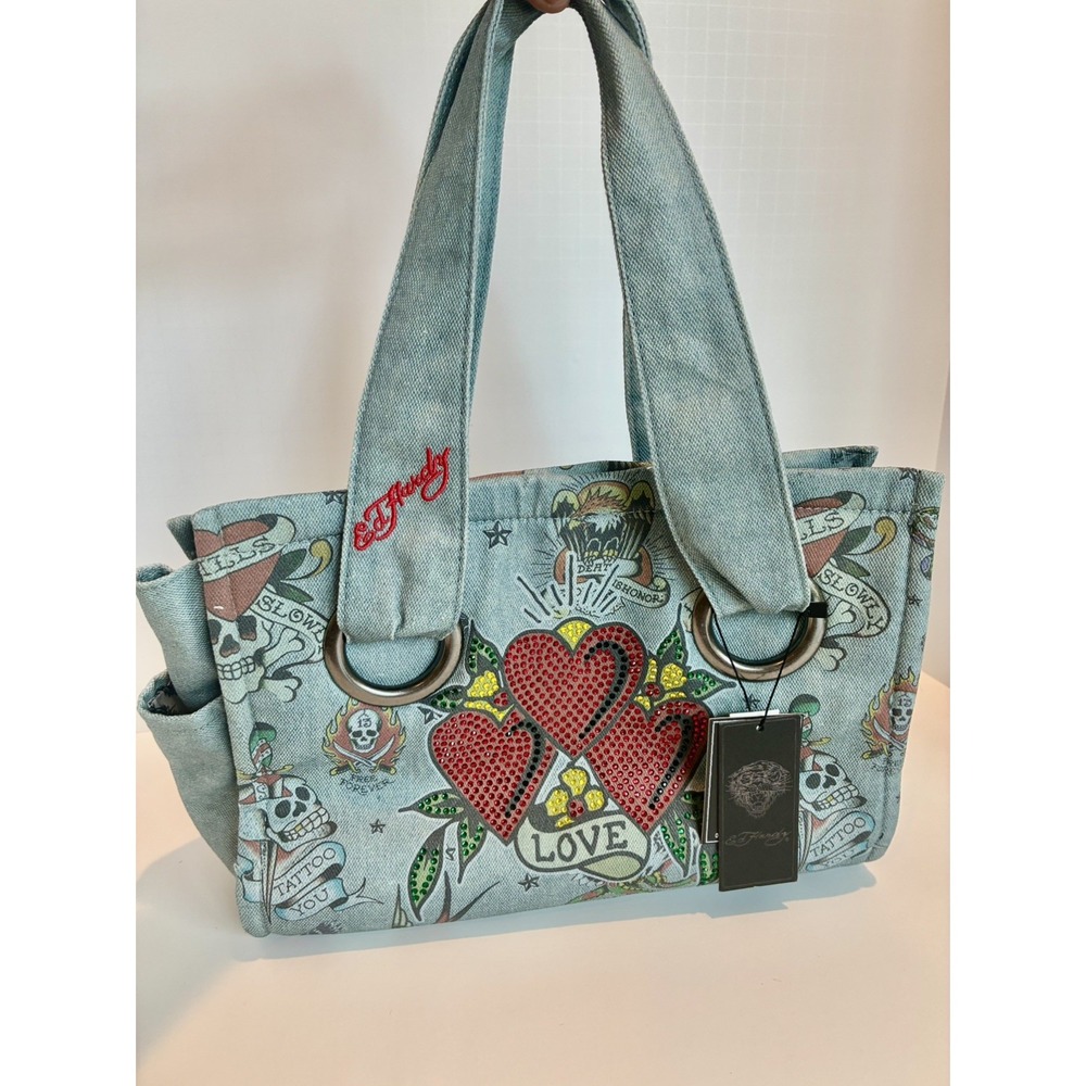 Ed Hardy~ Rhinestone Hearts~ Light Blue Denim Tote Bag~NWTs